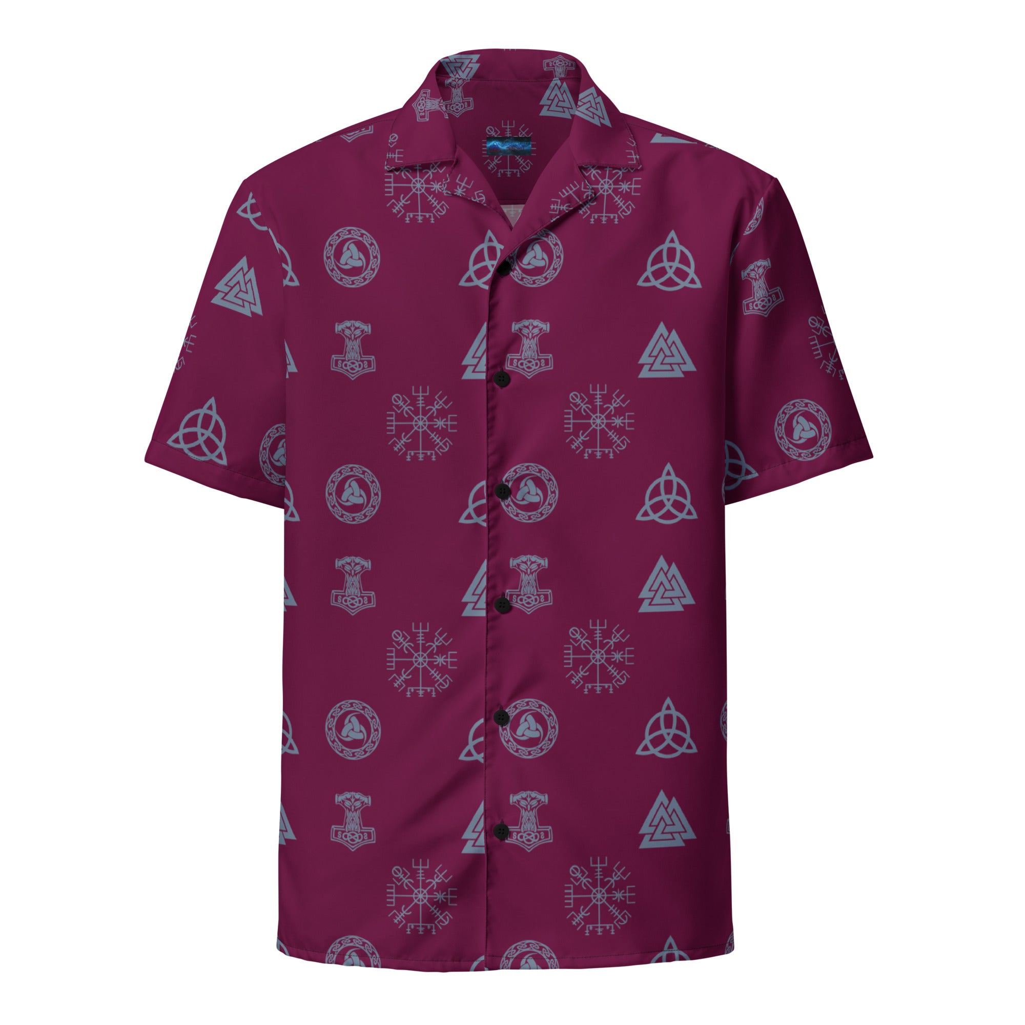 Viking Symbols and Ancient Norse Runes Button Up Shirt Burgundy and Grey