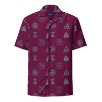 Burgundy Norse Runes patterned button-up shirt, front view