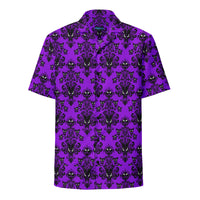 Purple Haunted Mansion patterned button-up shirt, front view