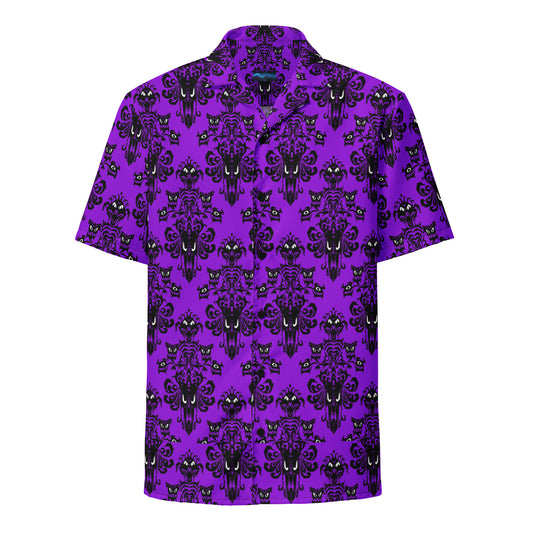 Purple Haunted Mansion patterned button-up shirt, front view