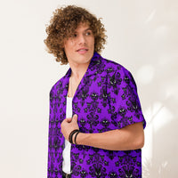 Purple Haunted Mansion patterned button-up shirt, front view