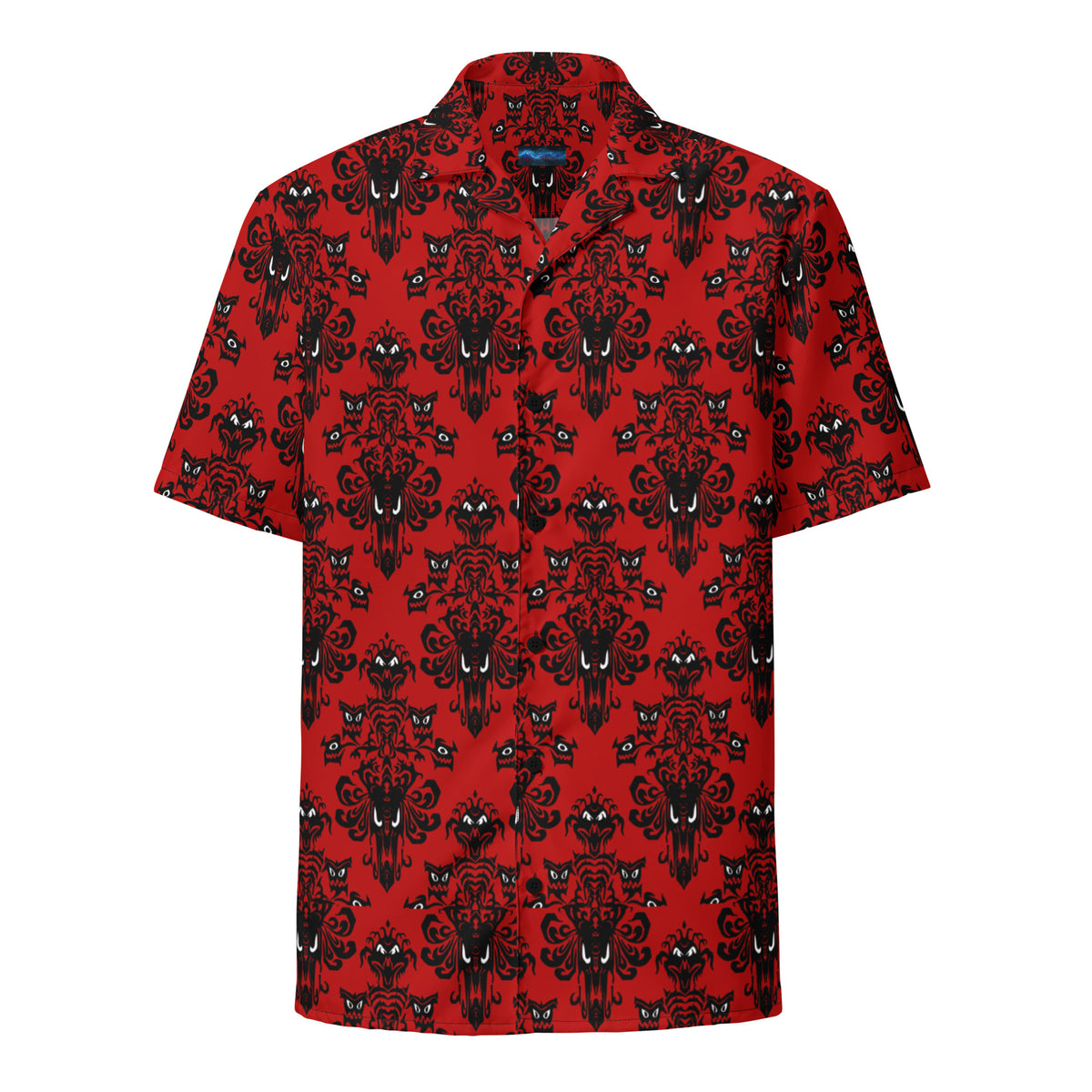 Red Haunted Mansion patterned button-up shirt, front view