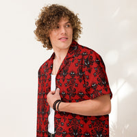 Red Haunted Mansion patterned button-up shirt, front view