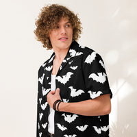 Halloween Vampire Bats patterned button-up shirt, front view