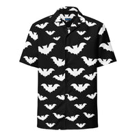 Halloween Vampire Bats patterned button-up shirt, front view