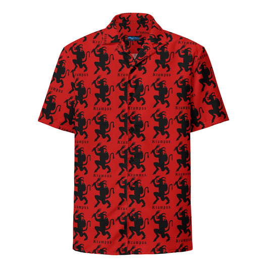 Red Krampus patterned button-up shirt, front view