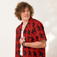 Red Krampus patterned button-up shirt, front view