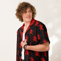 Black Krampus patterned button-up shirt, front view