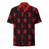 Black Krampus patterned button-up shirt, front view