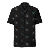 Ancient Egyptian Scarab patterned button-up shirt, front view
