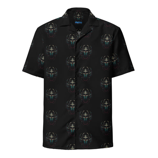 Ancient Egyptian Scarab patterned button-up shirt, front view