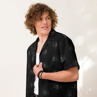 Ancient Egyptian Scarab patterned button-up shirt, front view