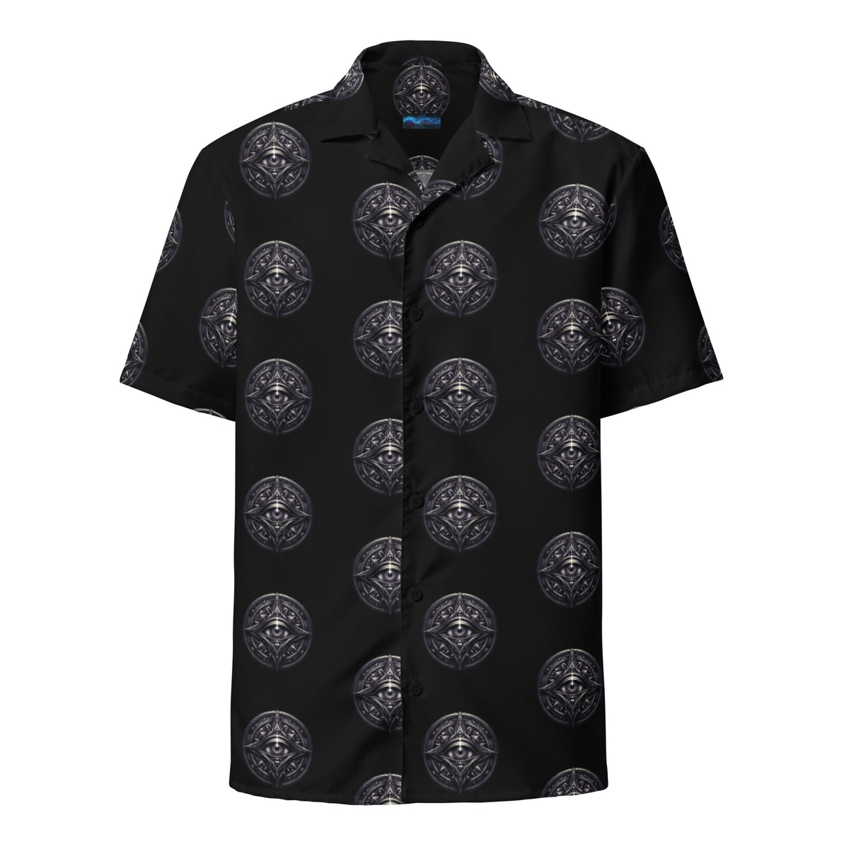 All-Seeing Eye patterned button-up shirt, front view