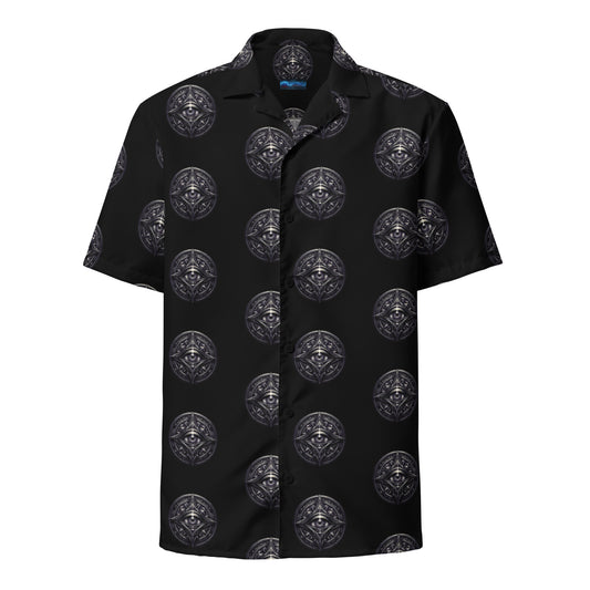 All-Seeing Eye patterned button-up shirt, front view