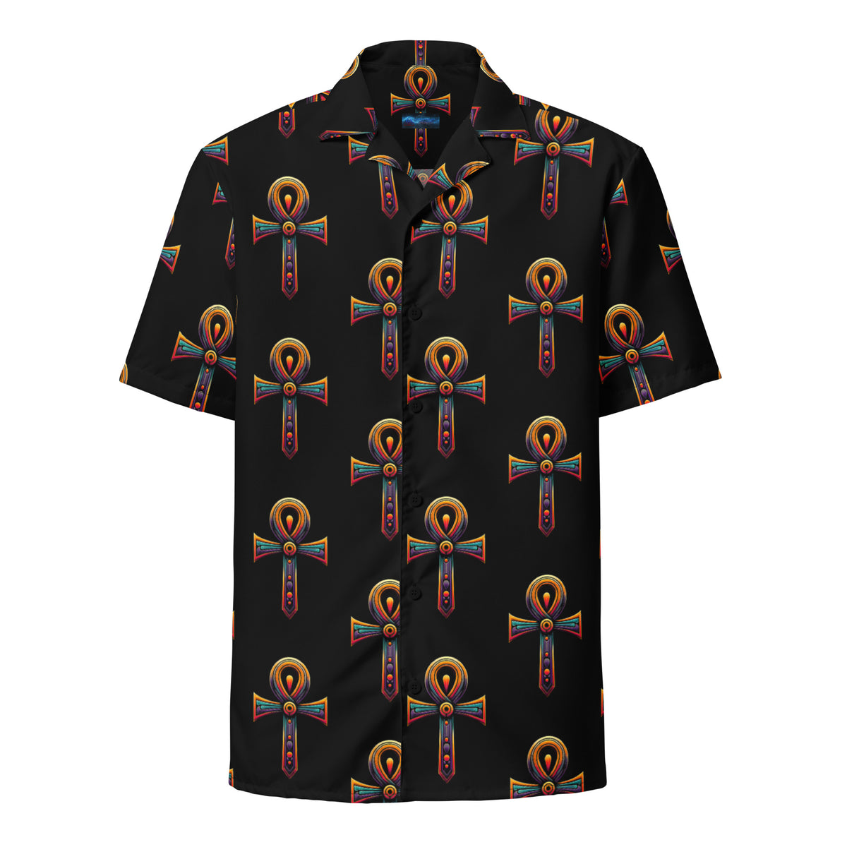 Key of Life Ankh patterned button-up shirt, front view
