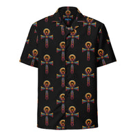 Key of Life Ankh patterned button-up shirt, front view