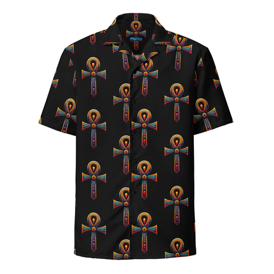 Key of Life Ankh patterned button-up shirt, front view