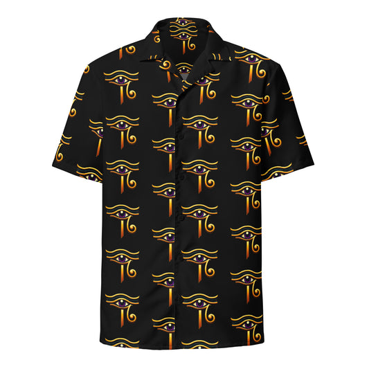 Eye of Ra patterned button-up shirt, front view