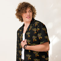 Eye of Ra patterned button-up shirt, front view