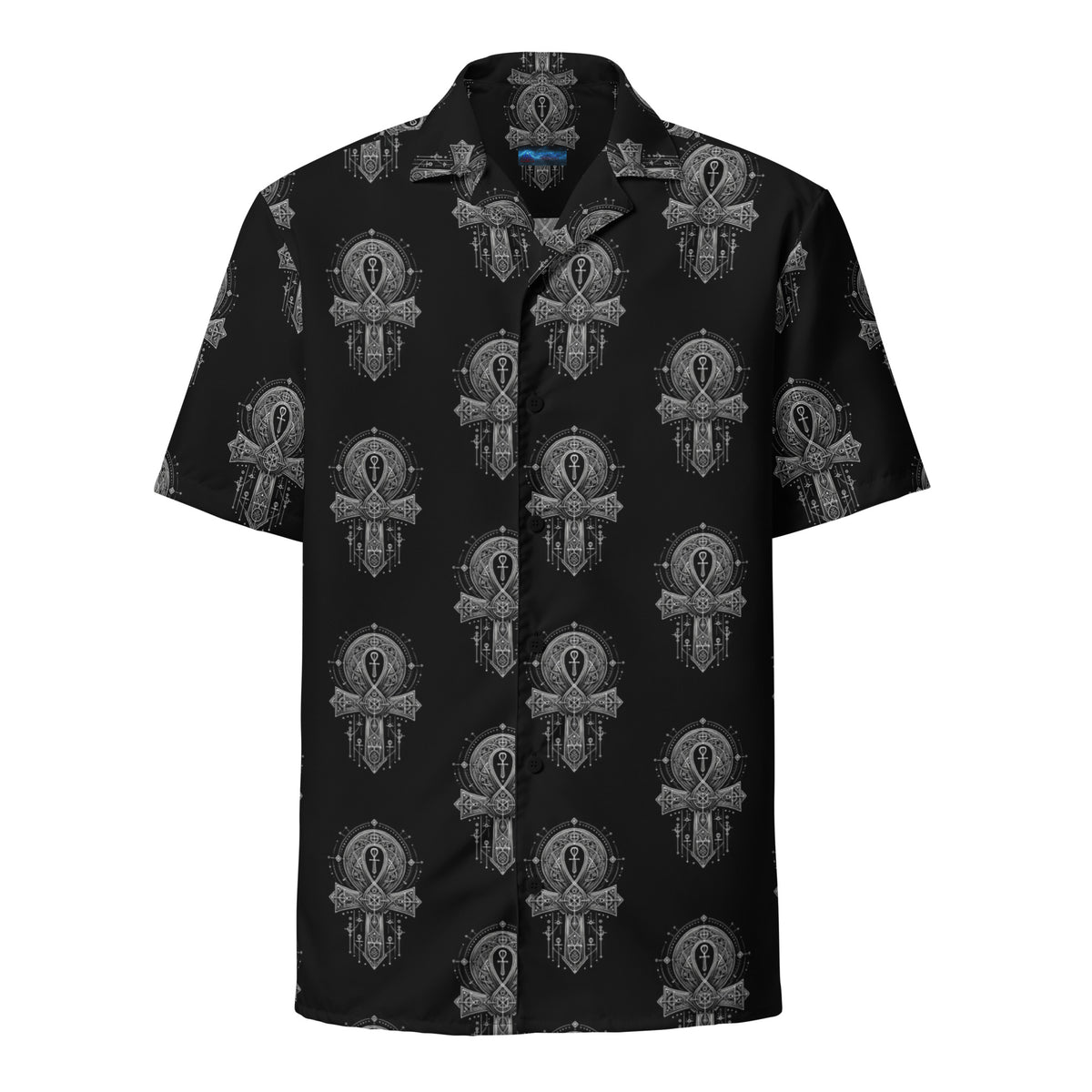 Egyptian Ankh patterned button-up shirt, front view