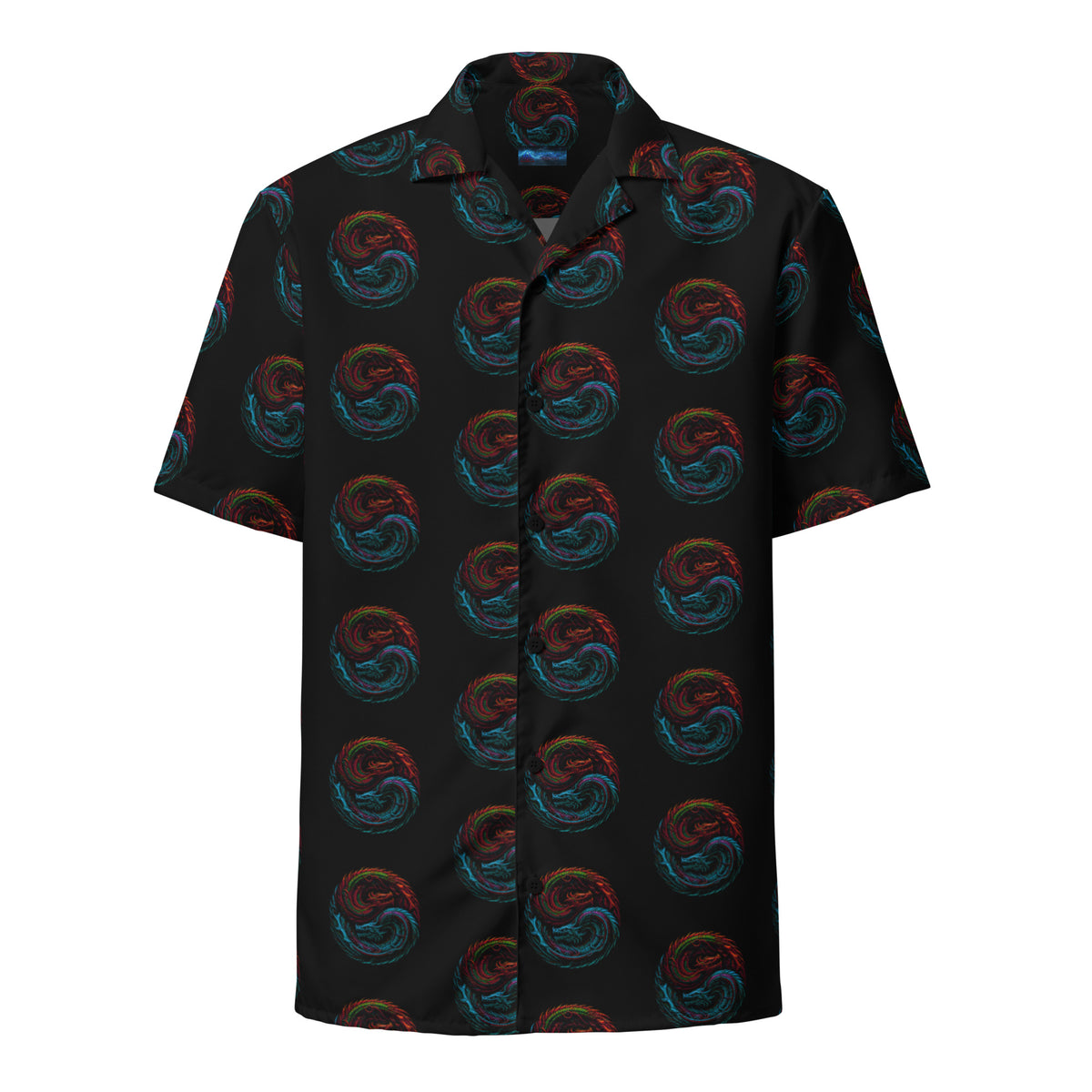 Yin Yang Dragon Fire & Ice patterned button-up shirt, front view
