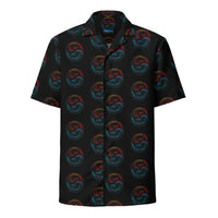 Yin Yang Dragon Fire & Ice patterned button-up shirt, front view