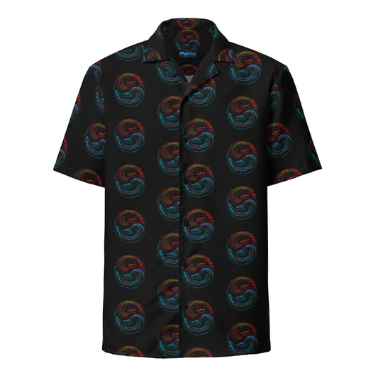 Yin Yang Dragon Fire & Ice patterned button-up shirt, front view