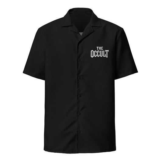 The Occult black button-up shirt, front view