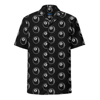 8 Ball Billiards patterned button-up shirt, front view