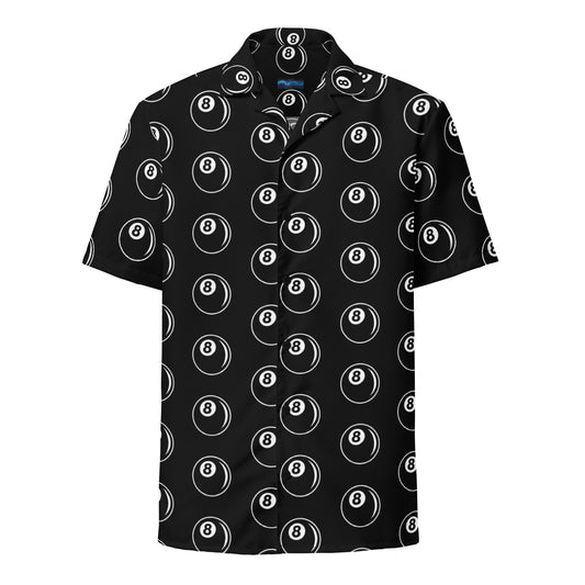 8 Ball Billiards patterned button-up shirt, front view