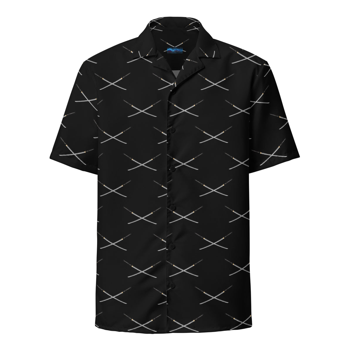 Samurai Katana patterned button-up shirt, front view