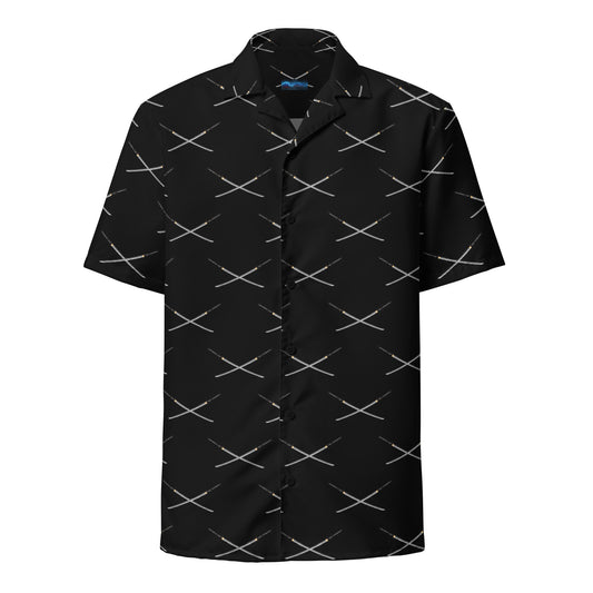 Samurai Katana patterned button-up shirt, front view