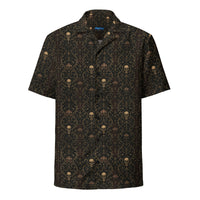 Skull Carnival patterned button-up shirt, front view