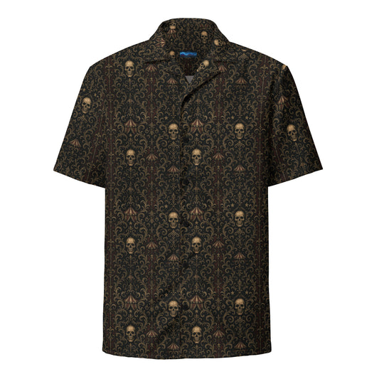 Skull Carnival patterned button-up shirt, front view