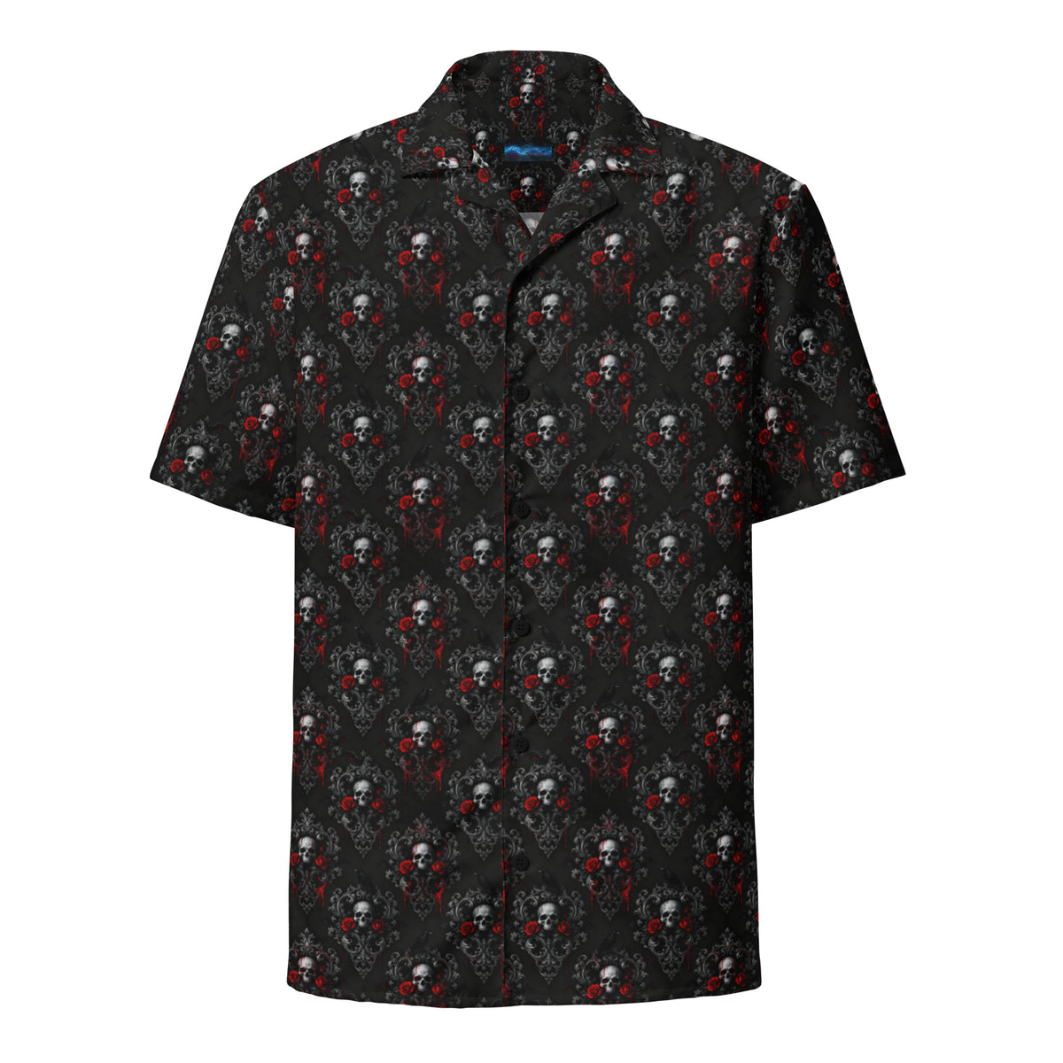 Skull & Red Rose patterned button-up shirt, front view