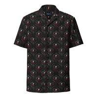 Skull & Red Rose patterned button-up shirt, front view