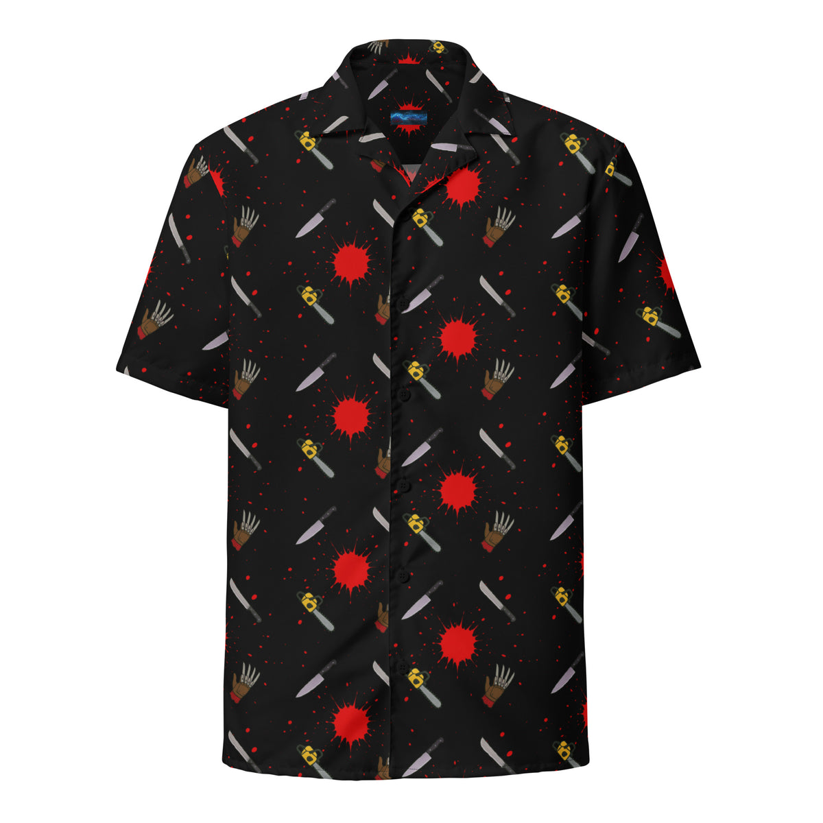Classic Horror Weapons patterned button-up shirt, front view