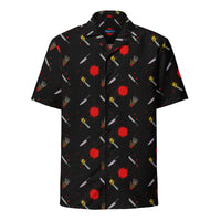 Classic Horror Weapons patterned button-up shirt, front view