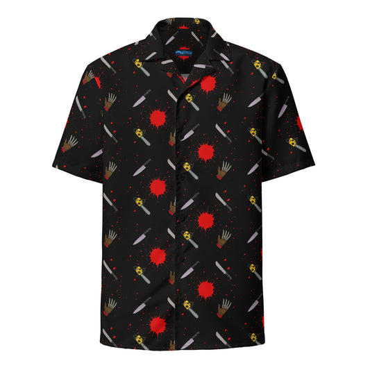 Classic Horror Weapons patterned button-up shirt, front view
