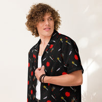 Classic Horror Weapons patterned button-up shirt, front view