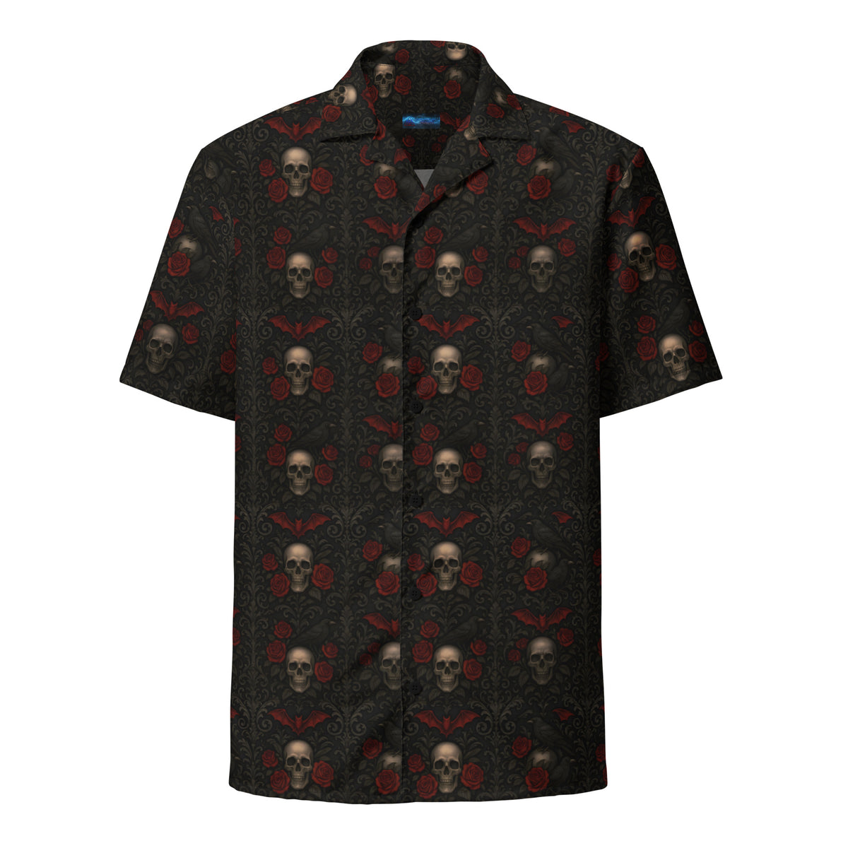 Skull Bat & Rose patterned button-up shirt, front view