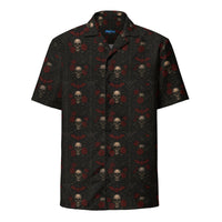 Skull Bat & Rose patterned button-up shirt, front view