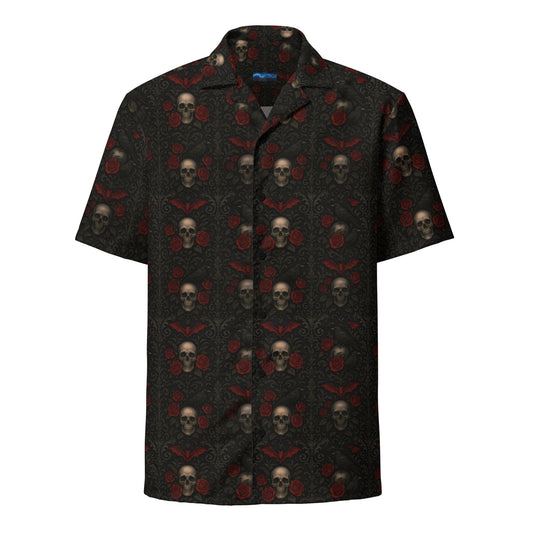 Skull Bat & Rose patterned button-up shirt, front view