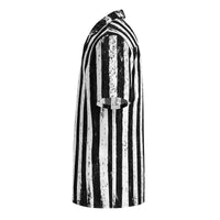 Distressed Black & White Stripes patterned button-up shirt, left-side view