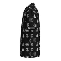 Black & White Norse Runes patterned button-up shirt, left-side view