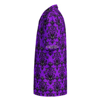 Purple Haunted Mansion patterned button-up shirt, left-side view