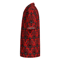 Red Haunted Mansion patterned button-up shirt, left-side view