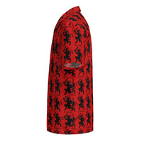 Red Krampus patterned button-up shirt, left-side view