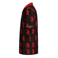 Black Krampus patterned button-up shirt, left-side view