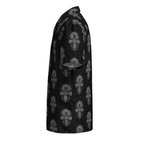 Egyptian Ankh patterned button-up shirt, left-side view
